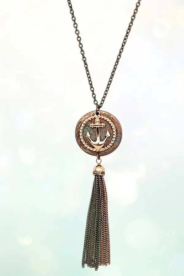ANCHOR DISK PENDANT CHAIN TASSEL LONG NECKLACE SET AB-SS