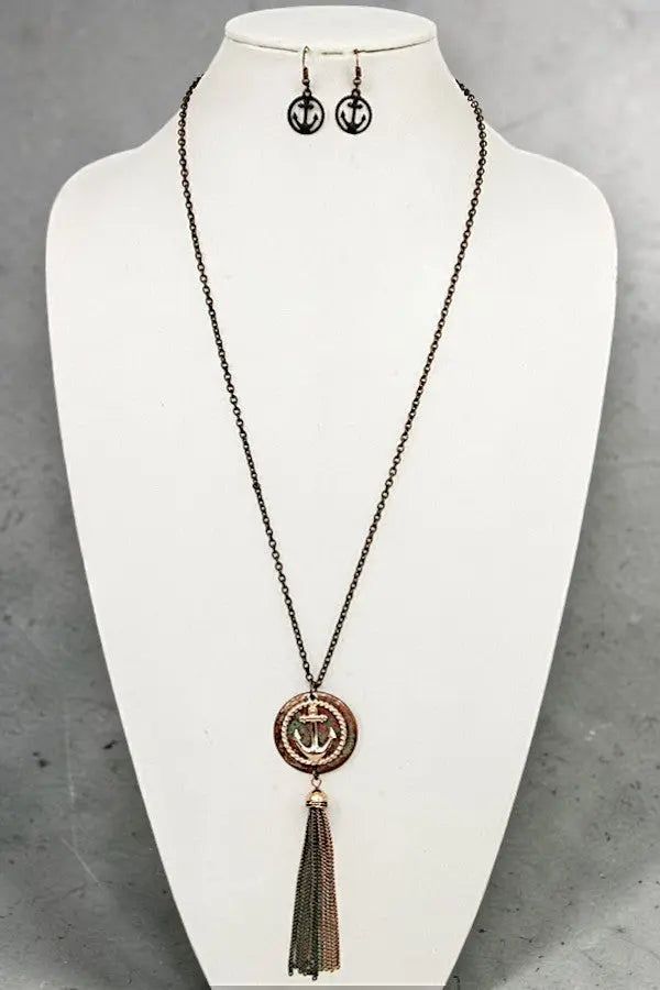 ANCHOR DISK PENDANT CHAIN TASSEL LONG NECKLACE SET AB-SS