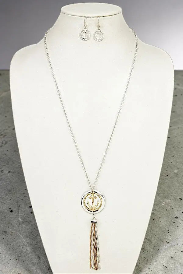 ANCHOR DISK PENDANT CHAIN TASSEL LONG NECKLACE SET AB-SS