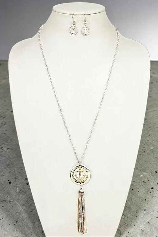 ANCHOR DISK PENDANT CHAIN TASSEL LONG NECKLACE SET AB-SS