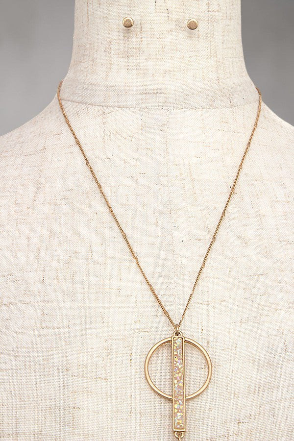 RING AND STONE BAR PENDANT LONG DROP Y NECKLACE AND STUD EARRING SET AB-SS