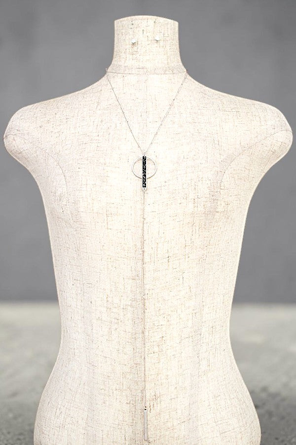RING AND STONE BAR PENDANT LONG DROP Y NECKLACE AND STUD EARRING SET AB-SS
