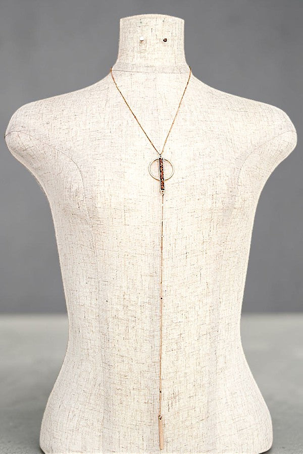 RING AND STONE BAR PENDANT LONG DROP Y NECKLACE AND STUD EARRING SET AB-SS