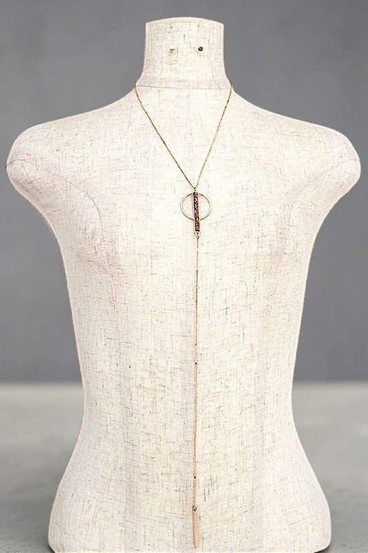 RING AND STONE BAR PENDANT LONG DROP Y NECKLACE AND STUD EARRING SET AB-SS