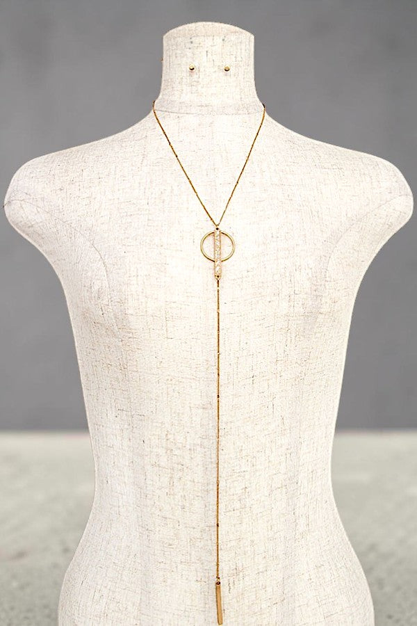 RING AND STONE BAR PENDANT LONG DROP Y NECKLACE AND STUD EARRING SET AB-SS