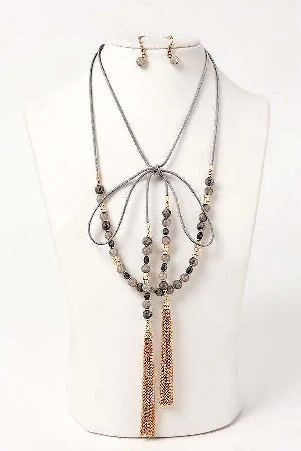 SEMI PRECIOUS BEAD LONG WRAP CHAIN TASSEL DANGLE NECKLACE AND BEAD DANGLE EARRING SET - SweetShine c.o.c. 