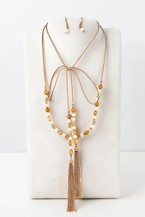 SEMI PRECIOUS BEAD LONG WRAP CHAIN TASSEL DANGLE NECKLACE AND BEAD DANGLE EARRING SET - SweetShine c.o.c. 