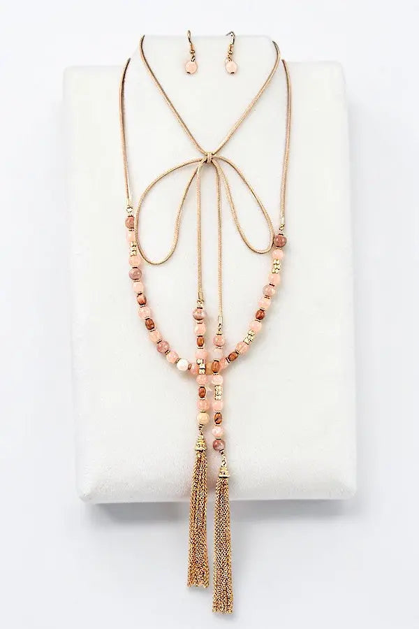 SEMI PRECIOUS BEAD LONG WRAP CHAIN TASSEL DANGLE NECKLACE AND BEAD DANGLE EARRING SET - SweetShine c.o.c. 
