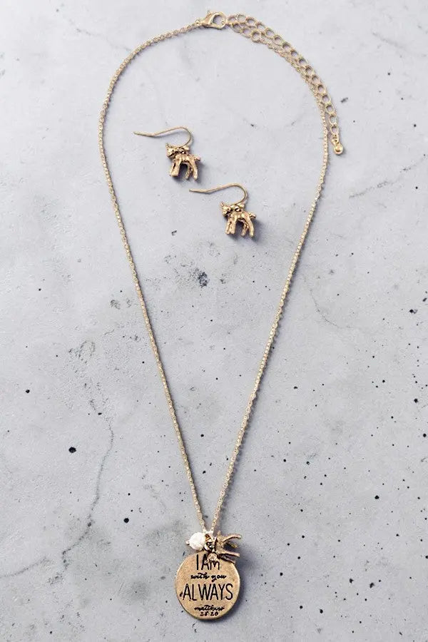 RELIGIOUS MESSAGE DISK PENDANT NECKLACE EARRING SET AB-SS