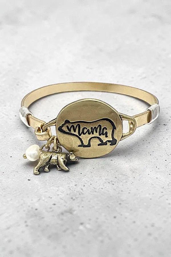 MAMA BEAR ETCHED DISK BEAR PEARL DANGLE BANGLE BRACELET - SweetShine c.o.c. 