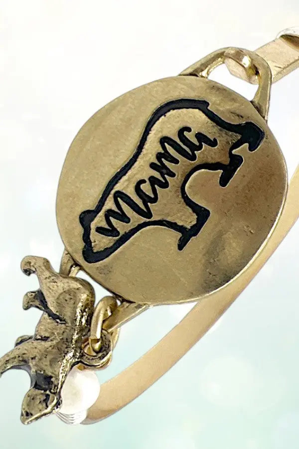 MAMA BEAR ETCHED DISK BEAR PEARL DANGLE BANGLE BRACELET - SweetShine c.o.c. 