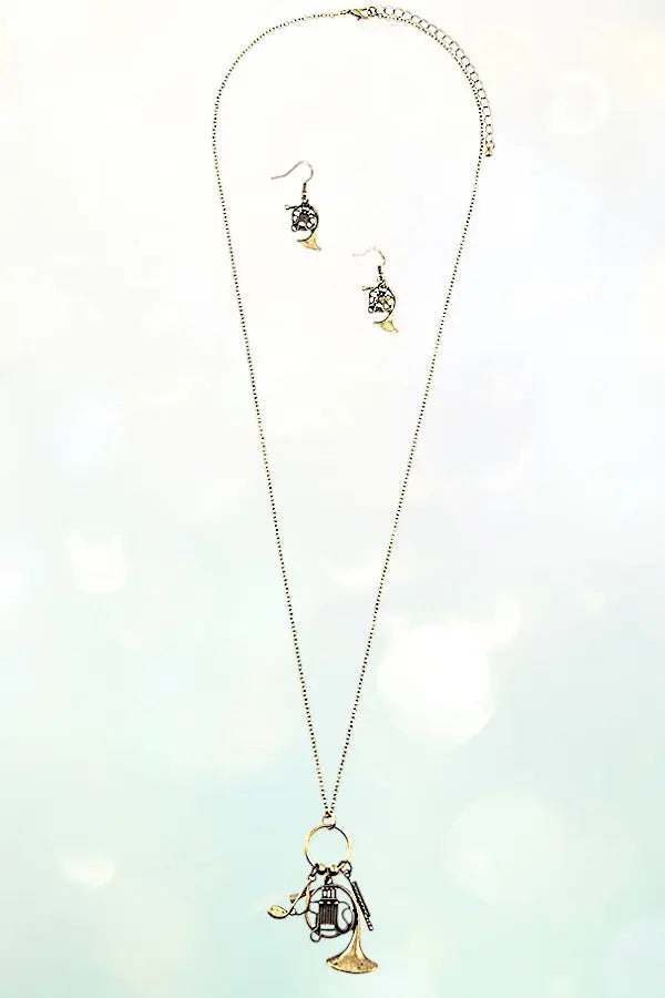 MIX WIND INTSTRUMENTS PENDANT LONG NECKLACE AND MATCHING EARRING SET AB-SS