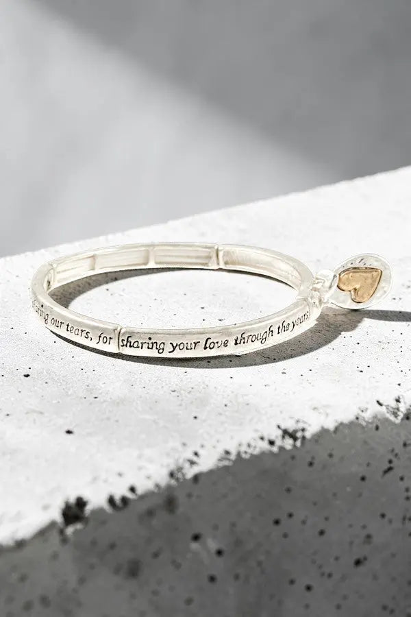 MOMS BLESSING ETCHED MESSAGE LINK HEART DANGLE STRETCH BRACELET - SweetShine c.o.c. 