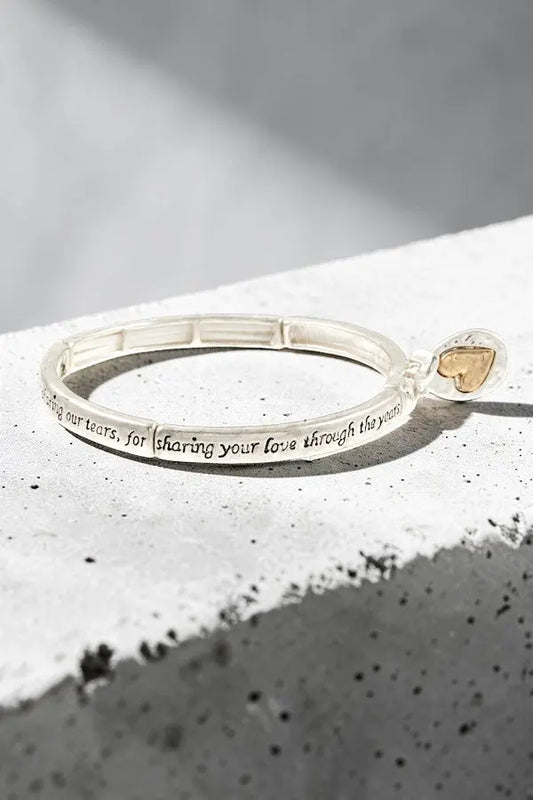 MOMS BLESSING ETCHED MESSAGE LINK HEART DANGLE STRETCH BRACELET - SweetShine c.o.c. 