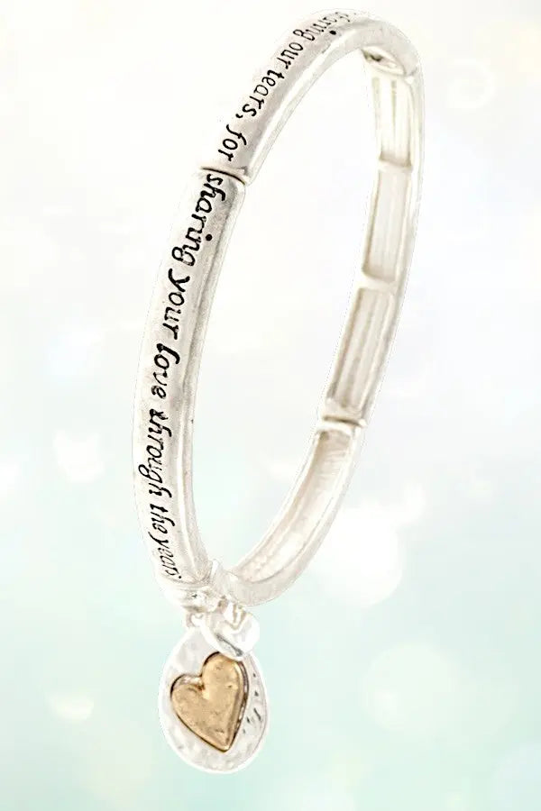 MOMS BLESSING ETCHED MESSAGE LINK HEART DANGLE STRETCH BRACELET - SweetShine c.o.c. 