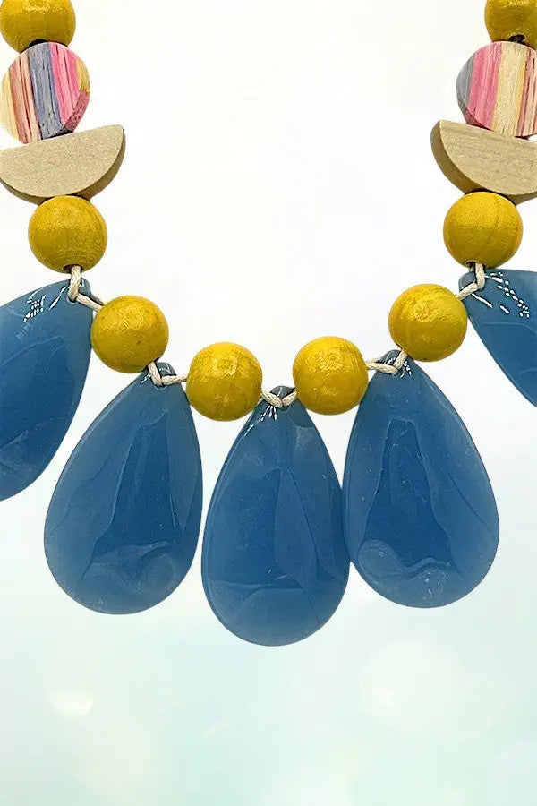 WOOD BALL LINK TEARDROP BIB NECKLACE AND EARRING SET AB-SS