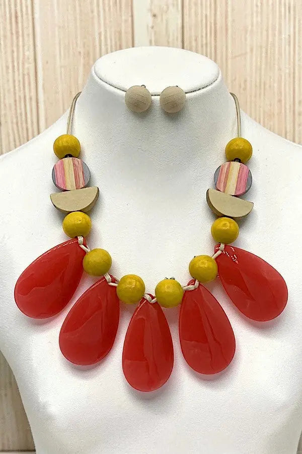 WOOD BALL LINK TEARDROP BIB NECKLACE AND EARRING SET AB-SS