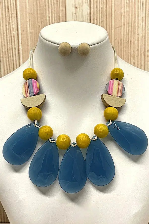 WOOD BALL LINK TEARDROP BIB NECKLACE AND EARRING SET AB-SS