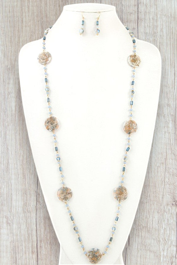 FILIGREE STATION BEAD LONG NECKLACE AND BEAD DANGLE EARRING SET