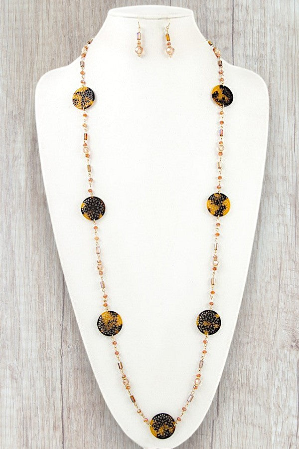 FILIGREE STATION BEAD LONG NECKLACE AND BEAD DANGLE EARRING SET