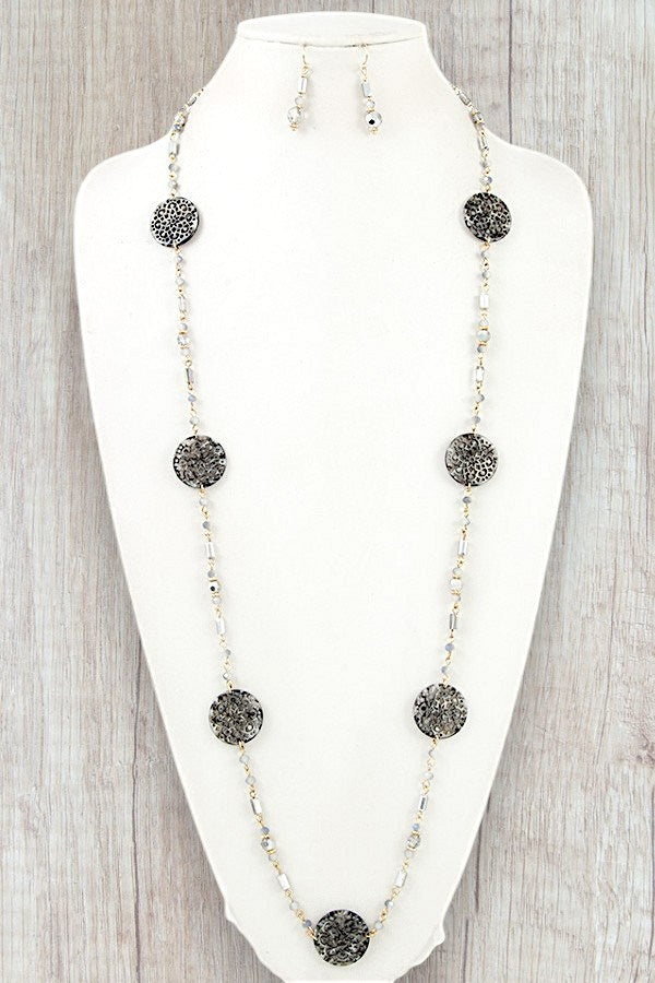 FILIGREE STATION BEAD LONG NECKLACE AND BEAD DANGLE EARRING SET