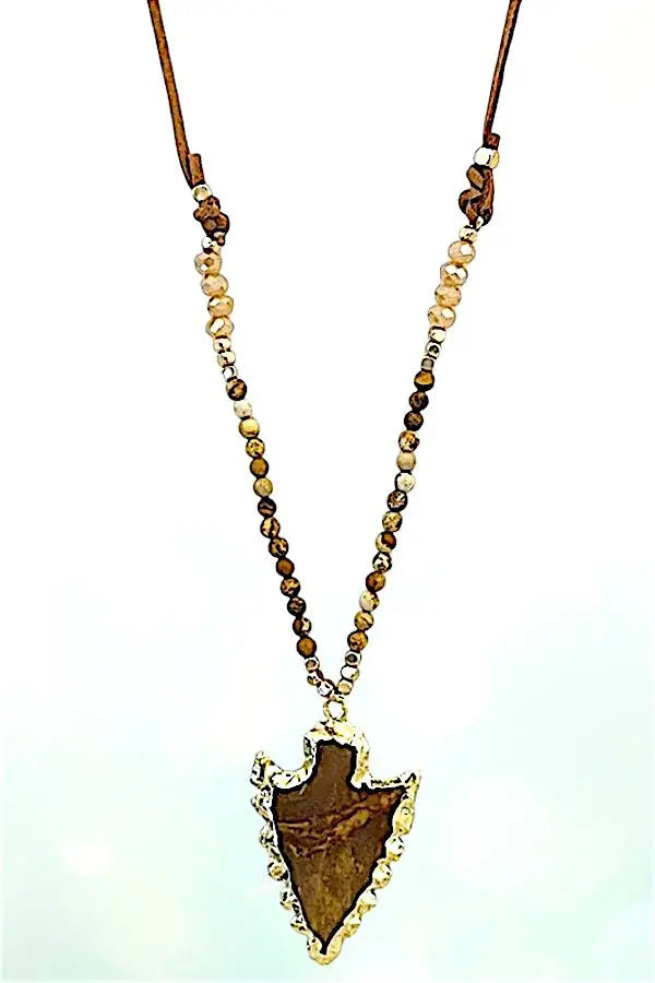 FRAMED ARROWHEAD STONE PENDANT BEADED CORD LONG NECKLACE - SweetShine c.o.c. 