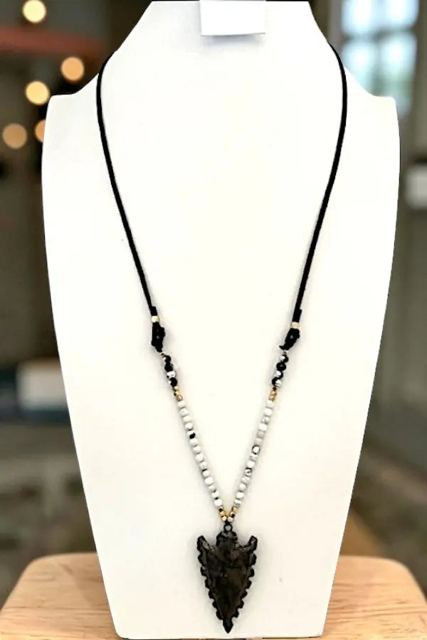 FRAMED ARROWHEAD STONE PENDANT BEADED CORD LONG NECKLACE - SweetShine c.o.c. 
