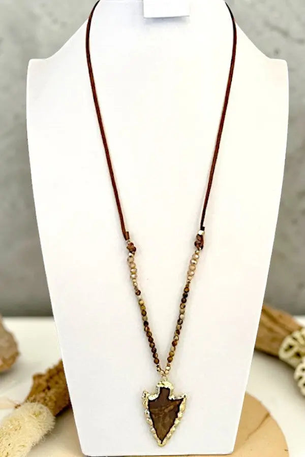 FRAMED ARROWHEAD STONE PENDANT BEADED CORD LONG NECKLACE - SweetShine c.o.c. 