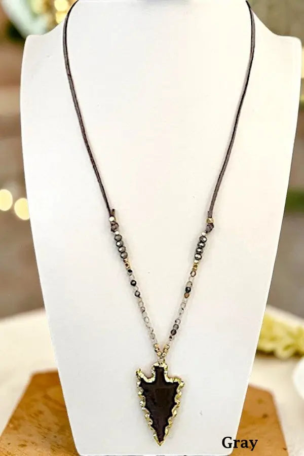 FRAMED ARROWHEAD STONE PENDANT BEADED CORD LONG NECKLACE - SweetShine c.o.c. 