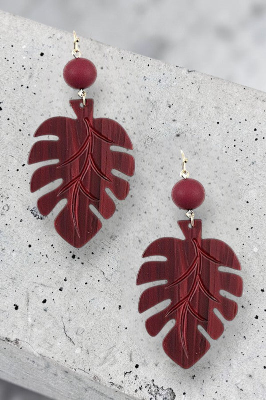 MONSTERA LEAF ETCHED BALL DANGLE EARRING