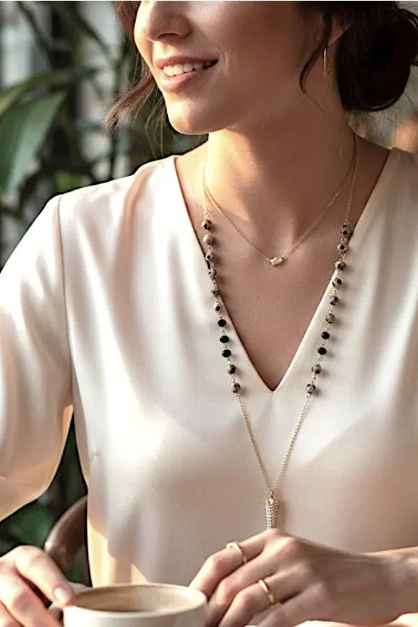 RHINESTONE PAVE HORN PENDANT BALL BEAD LINK ELONGATED NECKLACE AB-SS