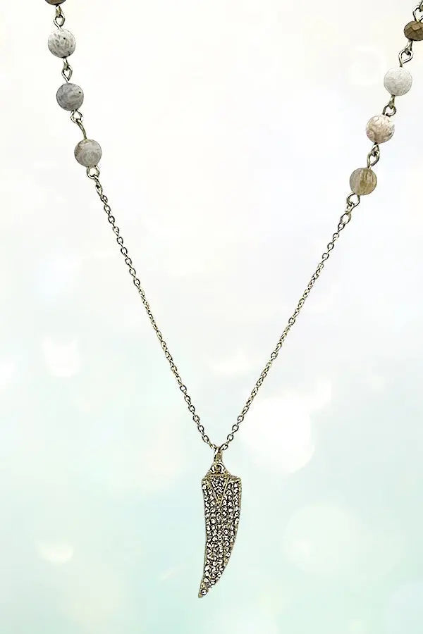 RHINESTONE PAVE HORN PENDANT BALL BEAD LINK ELONGATED NECKLACE AB-SS