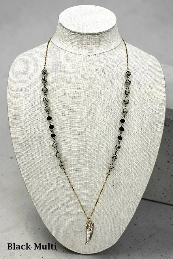 RHINESTONE PAVE HORN PENDANT BALL BEAD LINK ELONGATED NECKLACE AB-SS