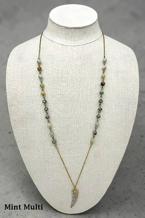 RHINESTONE PAVE HORN PENDANT BALL BEAD LINK ELONGATED NECKLACE AB-SS