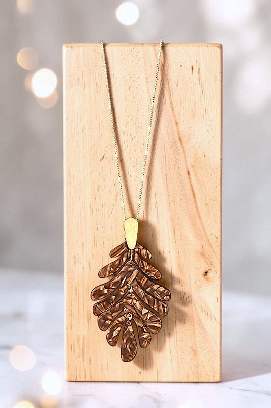 ACETATE LEAF PENDANT ELONGATED GOLD CHAIN NECKLACE AB-SS