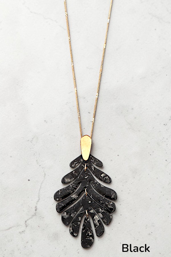 ACETATE LEAF PENDANT ELONGATED GOLD CHAIN NECKLACE AB-SS