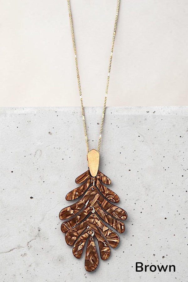 ACETATE LEAF PENDANT ELONGATED GOLD CHAIN NECKLACE AB-SS