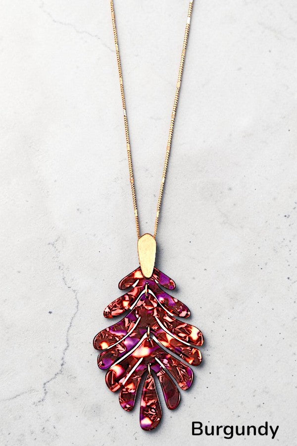 ACETATE LEAF PENDANT ELONGATED GOLD CHAIN NECKLACE AB-SS