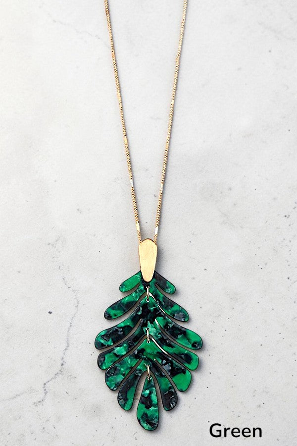 ACETATE LEAF PENDANT ELONGATED GOLD CHAIN NECKLACE AB-SS