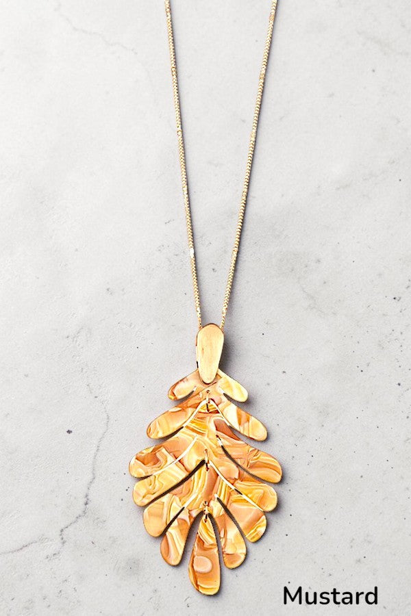 ACETATE LEAF PENDANT ELONGATED GOLD CHAIN NECKLACE AB-SS