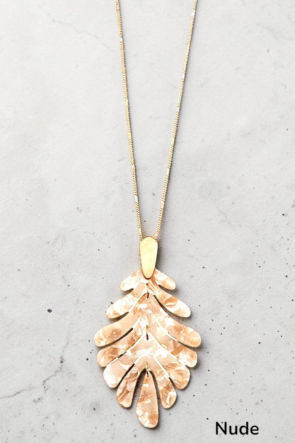 ACETATE LEAF PENDANT ELONGATED GOLD CHAIN NECKLACE AB-SS