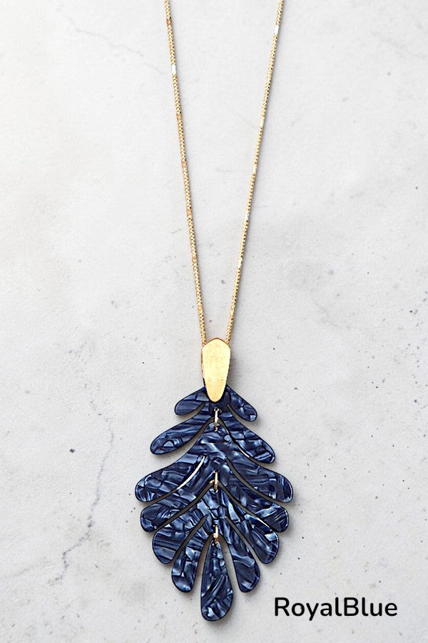 ACETATE LEAF PENDANT ELONGATED GOLD CHAIN NECKLACE AB-SS