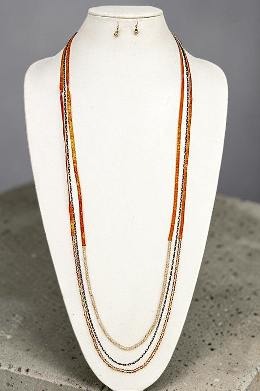 ELONGATED FAUX LEATHER CORD BEADED NECKLACE AND DANGLE EARRING SET