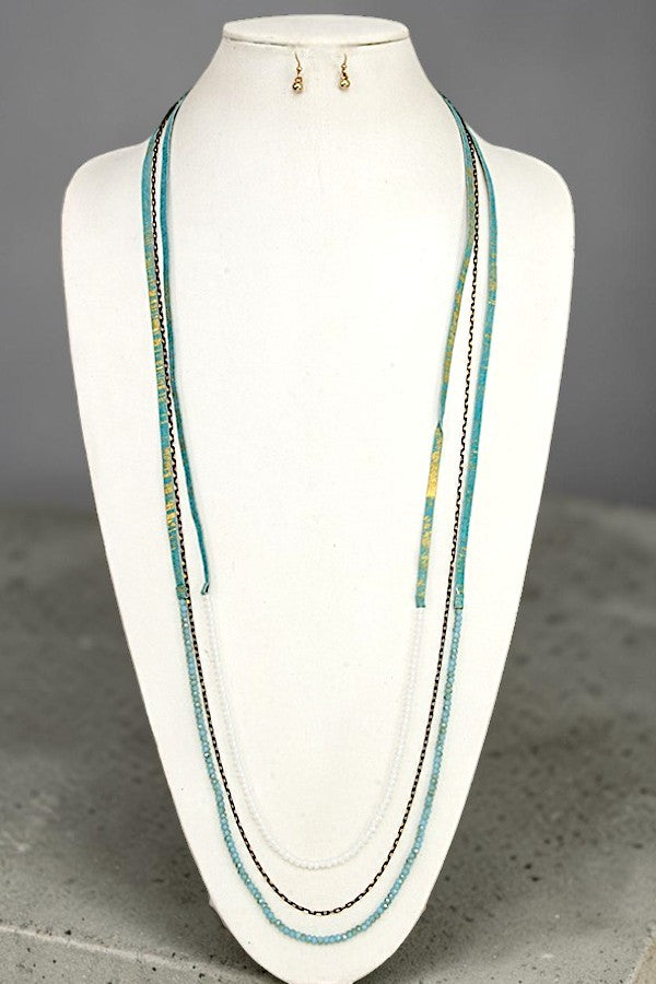 ELONGATED FAUX LEATHER CORD BEADED NECKLACE AND DANGLE EARRING SET