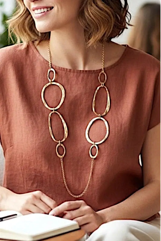 HAMMERED OVAL CUT OUT LINK LONG NECKLACE AB-SS