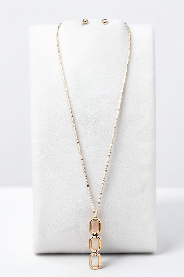 TRIPLE LINK OVAL PENDANT LONG NECKLACE AND BALL BEAD EARRING SET