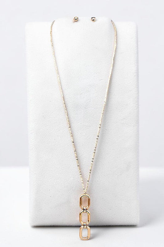 TRIPLE LINK OVAL PENDANT LONG NECKLACE AND BALL BEAD EARRING SET