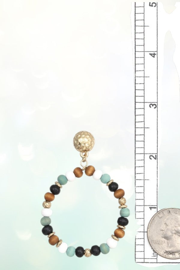WOODEN BEAD LARGE HOOP DANGLE GOLD DIMPLED POST EARRING