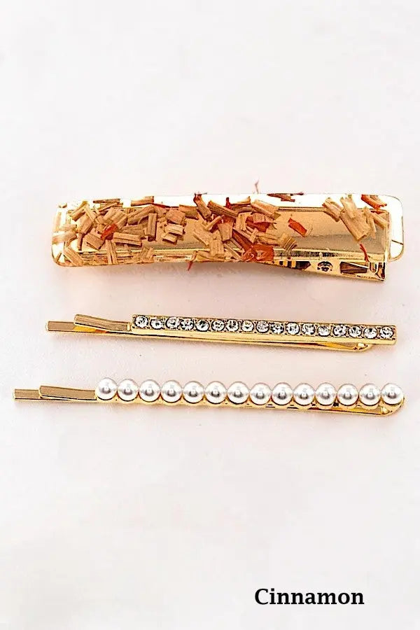 GLITTERED BARRETTE AND RHINESTONE PEARL PAVE GOLD BOBBY PINS SET - SweetShine c.o.c. 