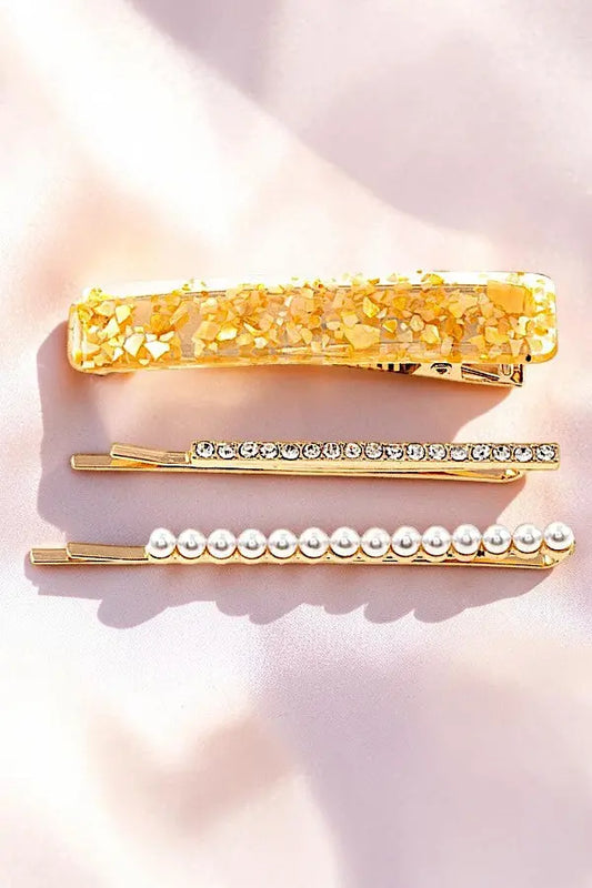 GLITTERED BARRETTE AND RHINESTONE PEARL PAVE GOLD BOBBY PINS SET - SweetShine c.o.c. 